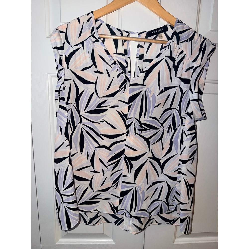 Nine West Womens Large Black Lavender Peach Abstract‎ Palm Leaf V-Neck Blouse